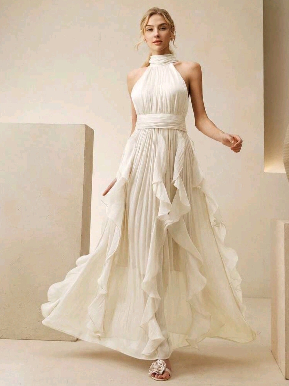 Ivory Halter Ruffle Maxi Dress - Picture 2 of 3
